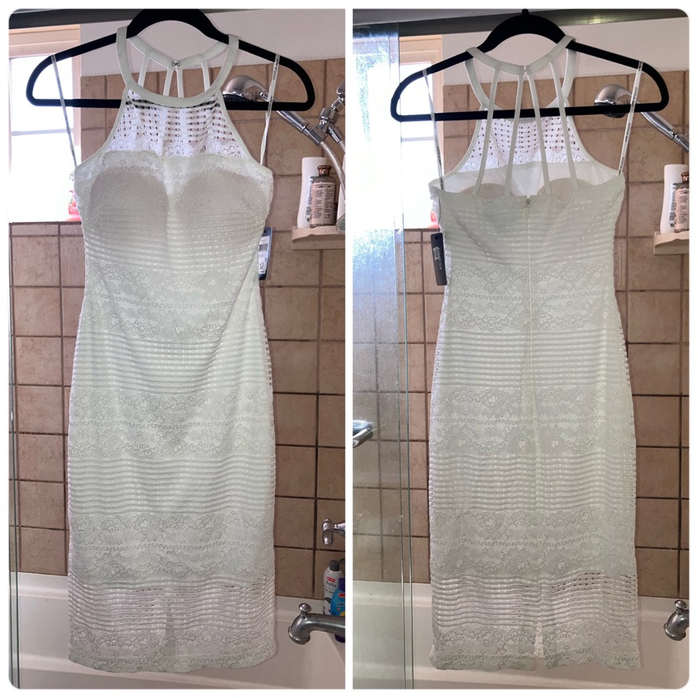 GUESS White Floral Crochet Lace Sheer Mesh Cage Sleeveless Halter Formal Dress 0